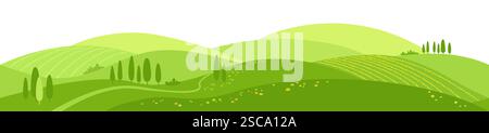 Paysage printanier avec des collines lisses, des fleurs, des arbres et des chemins courbes. Motif horizontal sans couture. Illustration de Vecteur