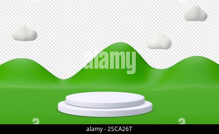 fond 3d avec podium de cylindre blanc sur le champ vert, l'herbe et les collines. Paysage de montagnes d'été. Illustration vectorielle Illustration de Vecteur