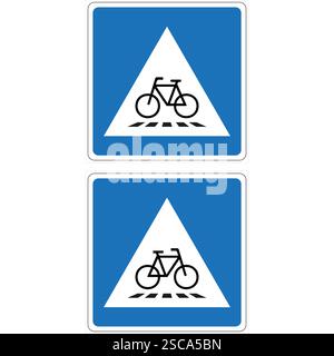 Deux panneaux de signalisation bleus verticaux indiquant une zone de passage à vélo désignée avec un triangle blanc et un symbole de vélo noir. Illustration de Vecteur