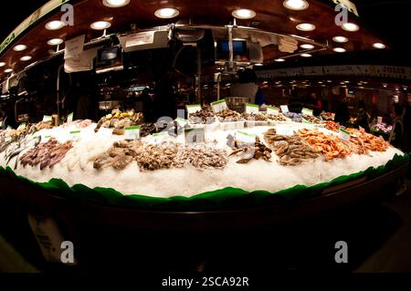 Étals de poissons frais dans le Mercado de la Boqueria, le marché emblématique de la Boqueria à la Rambla, Barcelone, Ciutat Vella, Espagne Banque D'Images