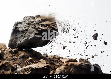Pierre de roche fond blanc chute noir espace de chute. Un gros rocher avec beaucoup de débris dessus Banque D'Images