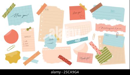 Ensemble de diverses notes de papier déchiré, autocollants, rubans. Illustration de Vecteur