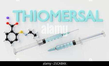 Un rendu 3D représente le mot « THIOMERSAL » à côté des molécules de thiomersal et du médicament liquide à l'intérieur de la seringue médicale Banque D'Images