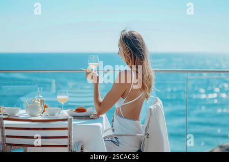 Jeune femme en vacances d'été prenant le petit déjeuner sur une terrasse de complexe hôtelier de luxe surplombant la mer, la détente et la beauté de la vie. Banque D'Images