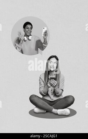 Collage photo créatif de deux jeunes amis femmes en ligne appel vidéo parler conversation réseau à distance isolé sur fond de dessin jaune Banque D'Images
