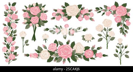 Roses roses et blanches. Fleurs délicates. Compositions florales. Bordures de guirlande. Séparateurs et coins botaniques. Décorations de mariage. Bouquets de vacances Illustration de Vecteur