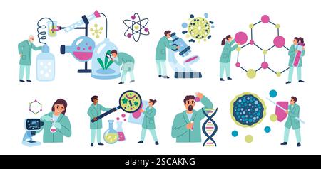 Scientifiques effectuant des tests de laboratoire. Expérience chimiste. Personnages biologistes et physiciens. La recherche de molécules. Microscope de laboratoire. Minuscules personnes avec Illustration de Vecteur