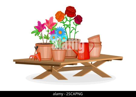 Table de jardinage avec fleurs en pot, pots et arrosoir. Table en bois floristique pour le soin des plantes de serre. Plantes pour arrière-cour ou horticulture. Vecteur Illustration de Vecteur
