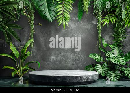 Un grand piédestal vide en pierre ronde avec une plante verte qui pousse hors de lui. La plante est entourée d'autres plantes et vignes, créant un luxuriant, tropical Banque D'Images