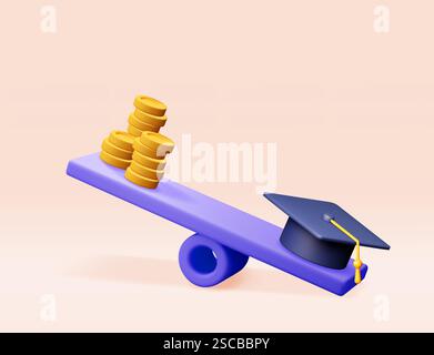 Casquette de graduation 3D et pièces dorées sur balances. Illustration de Vecteur