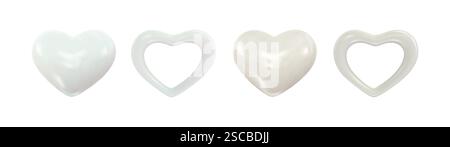 Ensemble de cœurs réalistes blancs. Symbole de l'amour, relations amoureuses. 3d laiteux, ivoire, cœurs brillants pour la conception Saint-Valentin, événements romantiques Illustration de Vecteur
