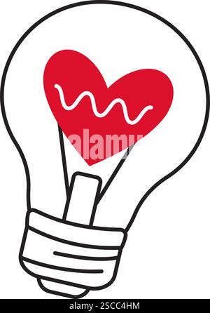 Ampoule avec coeur doodle style dessiné à la main style plat tendance amour icône isolée romantique symbole de l'amour pour la conception graphique Web poster tatouage Valentines Day carte de voeux ligne art illustration vectorielle Illustration de Vecteur