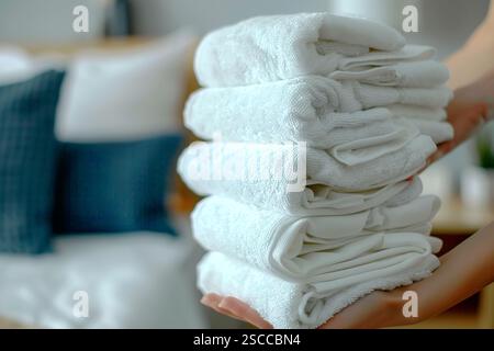 Gros plan d'une femme de chambre professionnelle mettant une pile de serviettes fraîches dans la chambre d'hôtel. Concept d'organisation et de propreté Banque D'Images