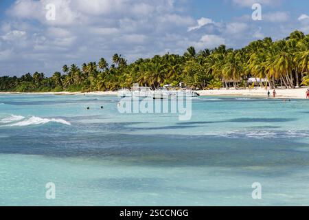 Île de Saona dans le parc national de Cotubanamá. Une île tropicale des Caraïbes avec du sable blanc, des eaux turquoises claires et des palmiers, République Dominicaine Banque D'Images