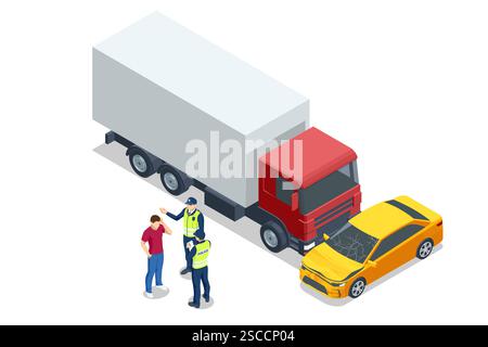 Accident de voiture. Scène vectorielle isométrique d'un accident de la route impliquant un camion, une voiture, une police et une ambulance. Les paramédicaux assistent une personne blessée pendant que la police Illustration de Vecteur