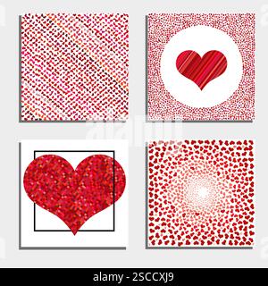 Ensemble de quatre fonds avec des coeurs rouges. Symbole de l'amour. Éléments pour modèle de mariage. Illustration de Vecteur