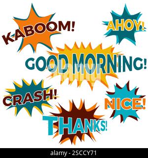 Ensemble de six bulles de discours de ballon comique de dessin animé dans un style plat. Éléments de bandes dessinées de conception avec différentes phrases. Illustration vectorielle Illustration de Vecteur