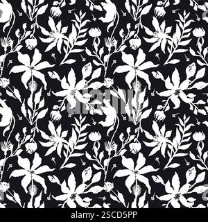 Modèle sans couture avec des fleurs dessinées à la main en noir et blanc Illustration de Vecteur