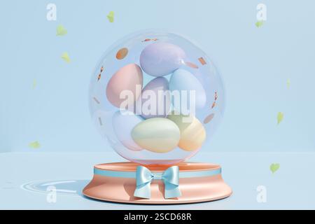 Dôme en verre de Pâques rempli d'œufs de couleur pastel sur un fond bleu clair. rendu 3d. Banque D'Images
