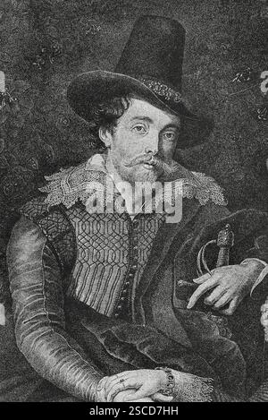 Pierre Paul Rubens (1577-1640) Peintre baroque flamand. Gravure d'après une peinture de Rubens intitulée 'Autoportrait avec sa femme Elizabeth Brant', 1609, pendant la première année de mariage. Détail. L'illustration espagnole et américaine (la Ilustración Española y Americana), 1884. Banque D'Images