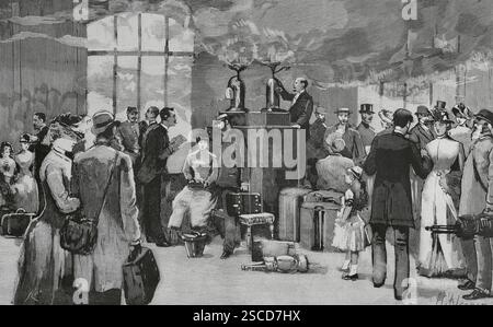 Epidémie de choléra. France. Paris. Fumigation des voyageurs en provenance de Toulon et Marseille (villes portuaires par lesquelles le choléra a été introduit en provenance d’Asie), à la gare Paris-Lyon-Méditerranée. Les passagers et les bagages ont été désinfectés dans une pièce au moyen de vapeurs nitreuses intenses pendant une demi-heure. Dès l'arrivée du train, les passagers ont été transportés dans une salle spéciale qui a été immédiatement aspergée de phénate de sodium, en proportion considérable, et ils y ont été soumis à l'action des vapeurs piquantes expirées par certains engins, chargés de cristaux d'acide sulfurique nitreux. MEA Banque D'Images