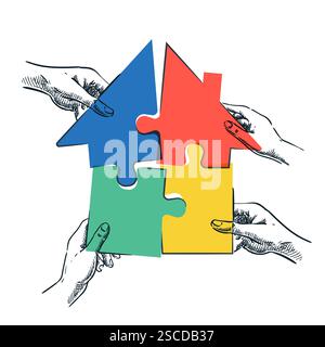 Mains humaines rejoignant la maison forme puzzle coloré. Illustration d'esquisse dessinée à la main vectorielle. Équipe connectant des pièces de puzzle de la maison. Investissement immobilier Illustration de Vecteur