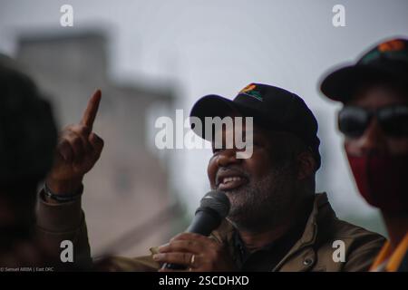 Le M23, le groupe rebelle opérant dans la région orientale de la République démocratique du Congo (RDC), tient une conférence de presse dans la ville de Goma. Banque D'Images