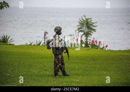 Le M23, le groupe rebelle opérant dans la région orientale de la République démocratique du Congo (RDC), tient une conférence de presse dans la ville de Goma. Banque D'Images