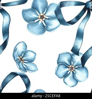 Un motif simple avec des Forget-me-nots bleus et des noeuds de leurs rubans. L'illustration est faite à l'aquarelle à la main. Sur fond blanc. Pour textil Banque D'Images