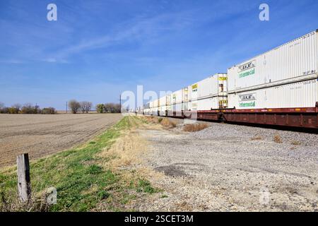 Lee, Illinois, États-Unis. Les conteneurs d'un train de marchandises intermodal s'étendent à l'horizon alors que le composé traverse la ferme de l'Illinois. Banque D'Images