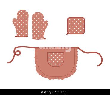 Ensemble de tabliers, gants de four et potholder dessin animé Mocha mousse à pois motif mode accessoire de main vêtements illustration technique vêtement. Vecteur pour hommes femmes modèle plat de style unisexe sur blanc Illustration de Vecteur