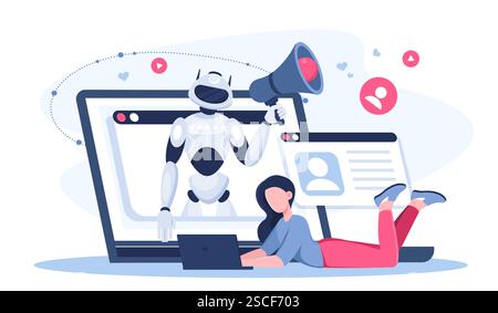 Concept de médias sociaux IA. Femme près de l'ordinateur avec robot. Vivre sur les réseaux sociaux en utilisant l’intelligence artificielle. Automatisation des processus, apprentissage automatique Illustration de Vecteur