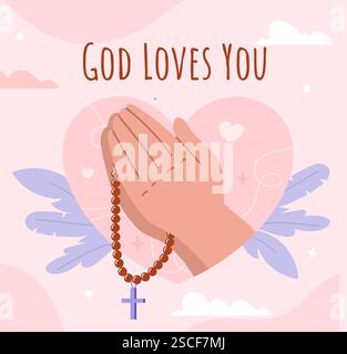 Affiche Dieu t'aime. Mains avec chapelet rouge avec croix. Religion et croyance, foi. Christianisme et catholicisme. Citation religieuse. Couverture ou bannière Illustration de Vecteur
