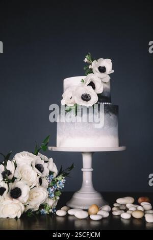 Un gâteau de mariage à deux niveaux magnifiquement conçu est élégamment placé sur un piédestal blanc. Le gâteau présente un glaçage gris ombré et est décoré avec du vrai Banque D'Images