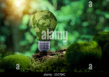 Entreprise verte innovation durable et concept de technologie verte. Une ampoule sur la mousse verte a des icônes sur la durabilité autour d'elle, écologique Banque D'Images