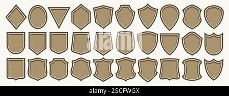 Vector Shield Icon Set, collection de 30 illustrations divers boucliers bruns pour panneau rétro ou signalisation, groupe de différentes dispositions de bouclier avec co Illustration de Vecteur