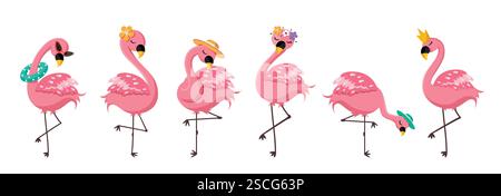 Jeu de cliparts de dessin rose Flamingo. Oiseau d'été mignon flamant clip art collection d'éléments de symbole tropical illustration vectorielle. Illustration de Vecteur