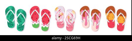Jeu de cliparts d'icônes de bascule. Collection colorée de clipart de pantoufle d'été pour illustration vectorielle d'éléments de sandale tendance de plage tropicale. Illustration de Vecteur