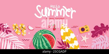 Bonjour la conception de clipart de bannière d'été. Bonjour salutation d'été dans l'espace vide clip art rose de fond avec des éléments tropicaux pour le vecteur de vacances de vacances Illustration de Vecteur