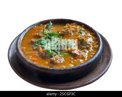 Ragoût de viande avec légumes et greenary dans un plat en argile, isolé sur fond blanc Banque D'Images