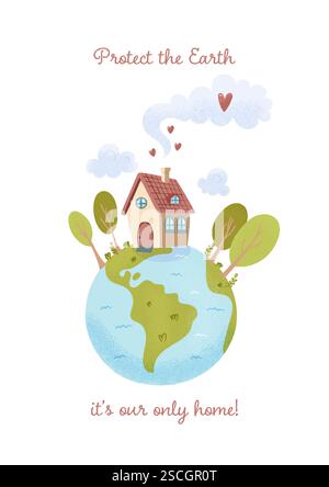 Carte de jour de la terre mignonne, écologie. Illustration vectorielle Illustration de Vecteur