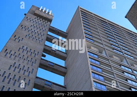 Balfron Tower à Poplar, Londres, Royaume-Uni. Célèbre tour résidentielle brutaliste en béton conçue par Erno Goldfinger, achevée en 1967 Banque D'Images