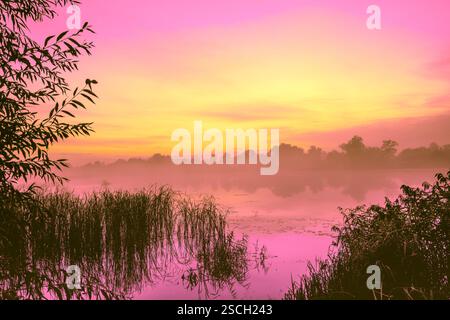 Lever de soleil magique sur le lac. Brumeux tôt le matin. Lac de sérénité Banque D'Images