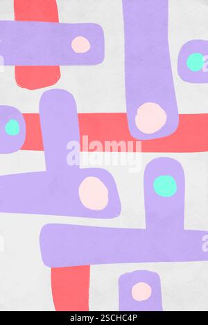 Un motif serein de formes géométriques violettes et rouges qui se chevauchent, accentué de cercles bleu clair et rose sur un fond légèrement texturé ressemblant à du papier Banque D'Images