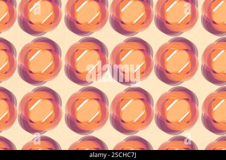 Un motif géométrique sans couture avec des formes circulaires vibrantes et superposées dans des tons orange et violet sur un fond clair. Idéal pour les textiles, wallp Banque D'Images