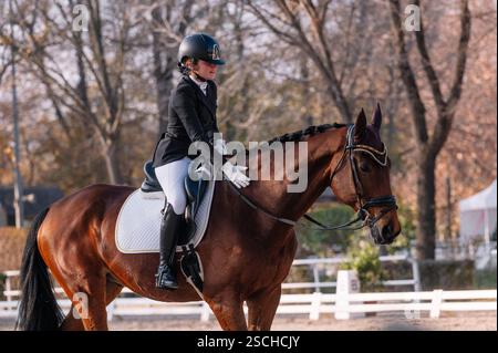 Un cavalier en tenue formelle sur un cheval lors d'un événement de dressage la scène capture la précision, l'élégance et le partenariat au cœur de l'equestria classique Banque D'Images