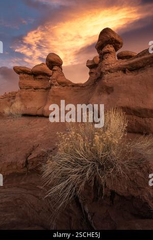 Les superbes formations de grès du Goblin Valley State Park, Utah, vous prélassent sous un coucher de soleil spectaculaire. Le ciel éclatant illumine des formes rocheuses uniques, capturant Banque D'Images