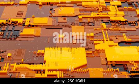 Vue rapprochée d'un circuit technologique abstrait aux couleurs orange et noir éclatantes. Cet arrière-plan présente des motifs complexes et Banque D'Images