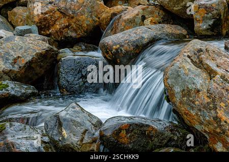 L'eau douce coule sur des roches lisses, créant un son paisible alors qu'elle serpente à travers la magnifique nature sauvage de Norvège par une journée calme. Banque D'Images