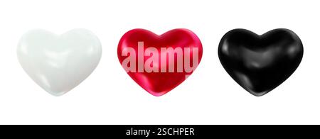 Ensemble de cœurs 3D réalistes. Valentine's Day Elements collection de coeurs brillants blanc, rouge, noir couleurs. Illustration vectorielle Illustration de Vecteur